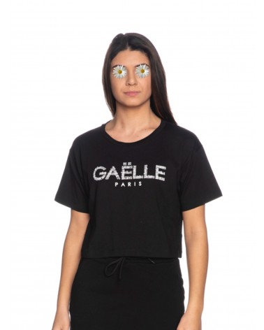 Gaelle Paris T-Shirt in Jersey mezza manica cropped con stampa Nero