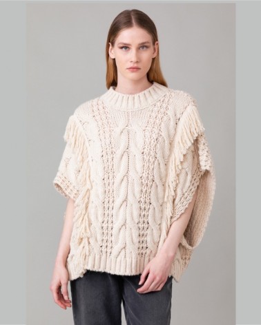 Gaelle Paris Pull smanicato Donna GBDP14316 con trecce, frange e targhetta Off White