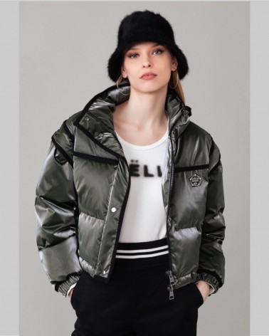 Gaelle Paris Piumino corto Donna GBDP13014 con placchetta logo Verde militare