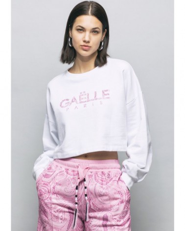 Gaelle Paris Felpa cropped Donna GBDP16831 manica lunga con stampa logo Bianco