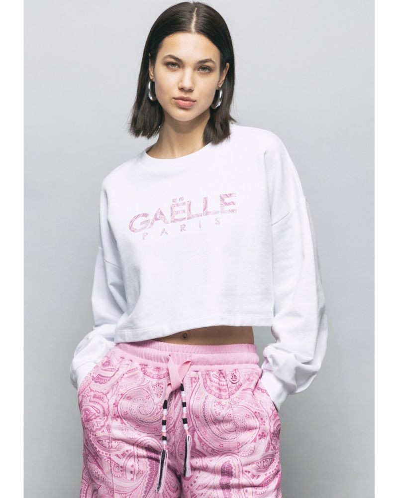 Gaelle Paris Felpa cropped Donna GBDP16831 manica lunga con stampa logo Bianco