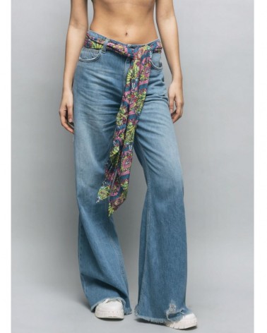 Gaelle Paris Jeans Boy Donna GBDP17156 in denim con fusciacca foulard fantasia Blu chiaro