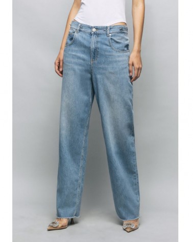 Gaelle Paris Jeans Boy Donna GBDP17141 low waist straight wide leg con ricamo Blu chiaro