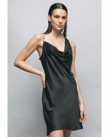 Gaelle Paris Abito monospalla Donna GBDM17447 in raso con passamaneria gioiello Nero