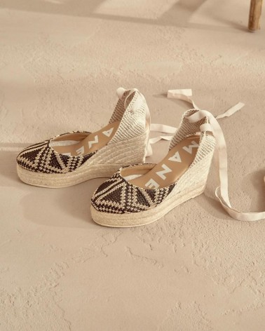 Manebi wedge espadrilles black triangles on natural raffia pattern yucatan