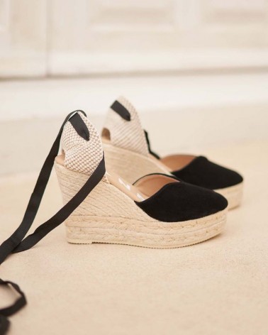 Manebi heart-shaped wedge espadrilles black soft suede hamptons